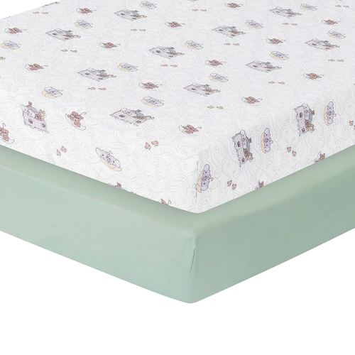 Precious Moments Noah’s Ark Fitted Crib Sheet 2 Pack for Baby Boy by Everyday Kids; 1 Animals on the Ark Printed Crib Sheet and 1 Solid Bright Green; Adorable Wildlife Elephants, Giraffes, Bears Print