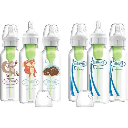 Dr. Brown’s Natural Flow® Anti-Colic Options+™ Narrow Baby Bottles 8 oz/250 mL, with Level 1 Slow Flow Nipple, 6 Pack, 0m+ Woodland Animals Gift Set