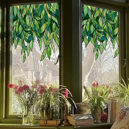 Original Hand Drawn Faux Stained Glass Window Hanging Clings，Double Sided See Through Green Leaves Window Film for Living Room,Glass Front Door, Emerald Leaves Sticker 22.83"X61.02"