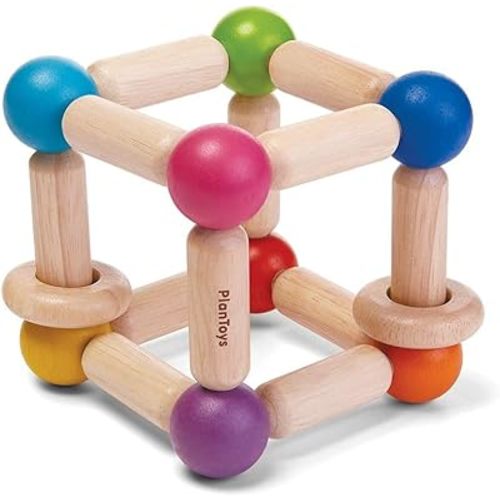 PlanToys Wooden Square Clutching Baby Toy (5245) | Sustainably Made from Rubberwood and Non-Toxic Paints and Dyes