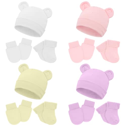 Cuffbow 4 Pcs Preemie Hats Mittens and Socks Set Preemie Mittens Warm Terry Socks for Baby