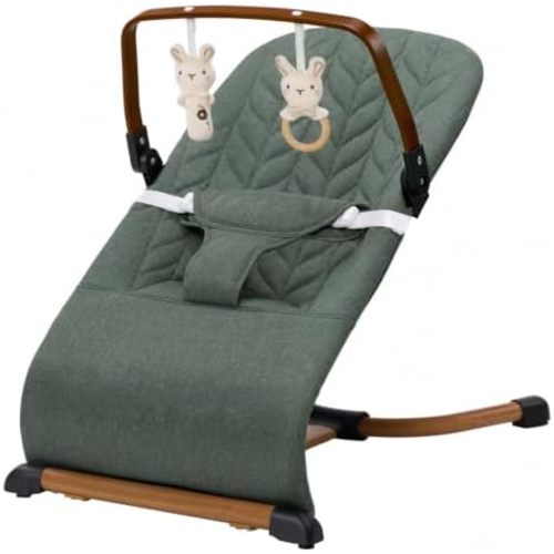 Portable Baby Bouncer, Bouncer Seat for Babies 0-12 Months, 3 Recline Positions, Foldable Baby Rocker Chair with Removable Wooden Bar, Green
