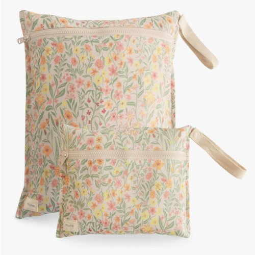 mushie Water Resistant Wet Bags | Large & Small Reusable Storage Bag for Baby Items and Travel | Zippered Pockets with Handle | Machine Washable, Set of 2 (Pastel Blooms)