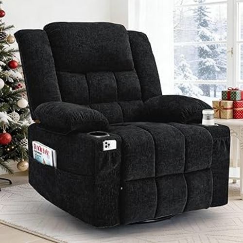 360° Swivel Adult Rocking Recliner, Nursery Glider Chair with Massage and Heating Function, Rocking Chair with Cup Holder, Manual Recliner for Living Room and Bedroom (Fabric, Black)