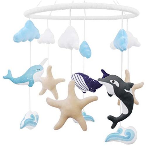 Ocean Nursery Mobile, Baby Crib Mobile Under The Sea Plush Ceiling Hanging Narwhal Baby Shower Gifts Infant Little Boys Room Cot Decors