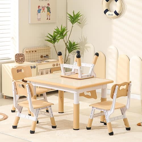 Height-Adjustable Kids Table and Chairs, 31.5''L x 23.6''W Toddler Table and 4 Chairs Set with Anti-Slip Foot Covers, Children Activity Table for Ages 2-10, Graffiti Desktop