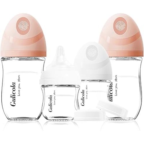 Gulicola Natural Glass Baby Bottles Set 4 Pack, Newborn Girl Breastfeeding Bottles with Slow Flow Nipples, 0 Months+, 3 oz & 5 oz - Pink