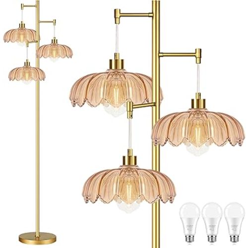 QIYIZM Glass Floor Lamp for Living Room,Bedroom,Gold Mid Century Modern Standing Lamp Brass Tree 3 Light Tall Floor Lamps Vintage Retro Floor Lights Flower Lamp Shade Farmhouse Boho Bohemian