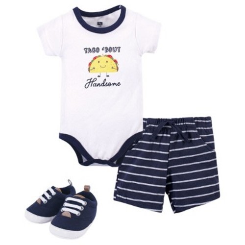 Hudson Baby Infant Boy Cotton Bodysuit, Shorts and Shoe 3pc Set, Handsome Taco, 3-6 Months