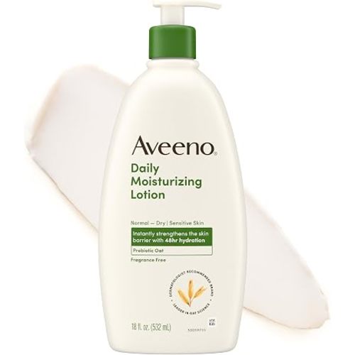 Aveeno Daily Moisturizing Body Lotion for Normal to Dry Skin, Moisturizer with Soothing Prebiotic Oat, Non Greasy, Non Comedogenic, Fragrance Free Body Lotion for Women & Men, 18 Fl Oz