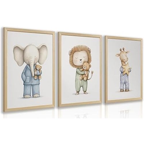 PORENY Safari Animal Nursery Wall Art Set of 3, Elephant Lion Giraffe Canvas Prints, Cute Cartoon Baby Animal Decor, Neutral Nursery Artwork for Boys Girls Kids Room Playroom Wood Framed 12x16 Inch