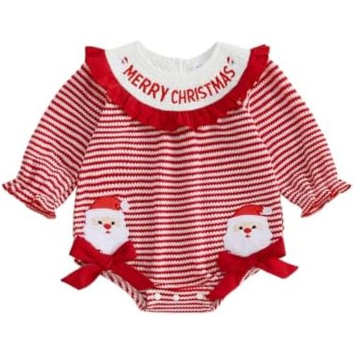 Baby Girl Christmas Romper Long Sleeve Smocked Santa/Tree Bodysuit