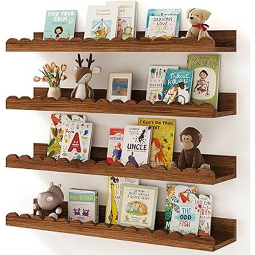 Shario Nursery Book Shelves, 4-Pack White Floating Shelves for Wall Kids, Scalloped Shelves, Wall Book Shelves for Bedroom Kids, Toddler Room, Baby Room, Nursery Decor