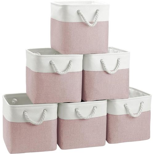 Cube Storage Bins, 6 Pack 11x11 inch with Cotton Handles for Closet, Shelves, Clothes, Towel (White/Pink)