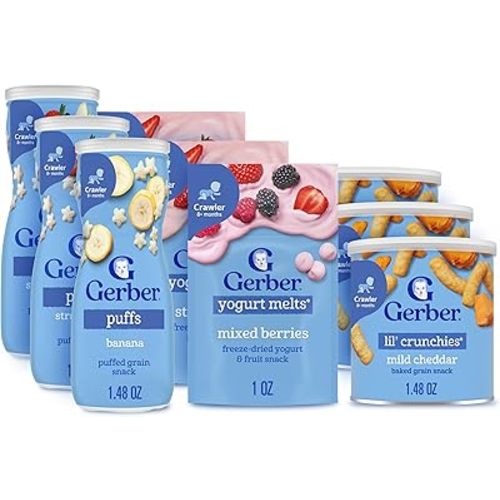 Gerber Strawberry Yogurt Melts, Mixed Berries Yogurt Melts, Banana Puffs, Strawberry Apple Puffs, Mild Cheddar Lil' Crunchies, 9-Pack