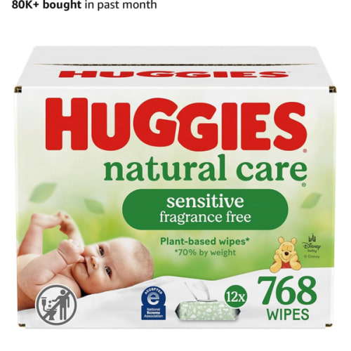 Huggies Natural Care Sensitive Baby Wipes, Unscented, Hypoallergenic, 99% Purified Water, 12 Flip-Top Packs (768 Wipes Total), Packaging May Vary