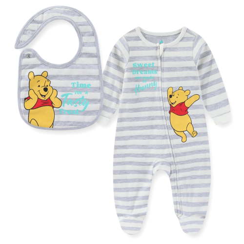 Disney Winnie the Pooh Long Sleeve Footies Coverall Romper With Bib (Baby Boys), 2 Piece Set, Sizes 3M-9M