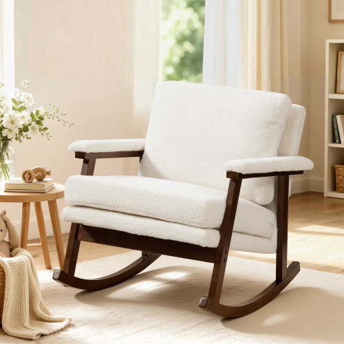 PAPROOS Velvet Nursery Rocking Chair, High Back, Comfortable Armchair with Side Pocket, Beige