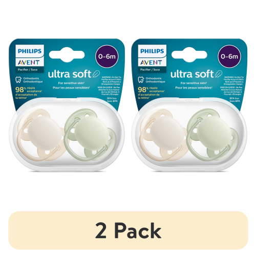 (2 pack) Philips Avent Ultra Soft Pacifier 0-6M, Sand / Pastel Warm Green, 2 Pack SCF091/05