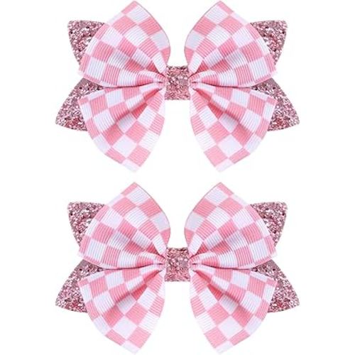 Glitter Pink Checkered Buffalo Plaid Hair Bows 4'' for Girls Women Racing Checkered Flag Bows Alligator Clips Barrettes Race Fan Car-Themed Birthday Party Gift Accessories