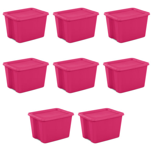 Sterilite 18 Gallon Tote Box Set of 8, Durable Plastic, Fuchsia Burst, Ideal for Basic Household Storage