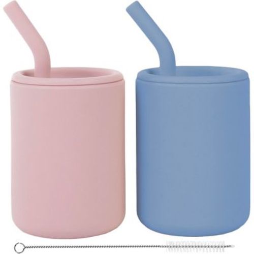 WeeSprout Silicone Baby Cups With Straws and Lids, 4 & 8 oz Options, Set of 2, Food Grade Toddler Training Container, Built In Straw Stoppers