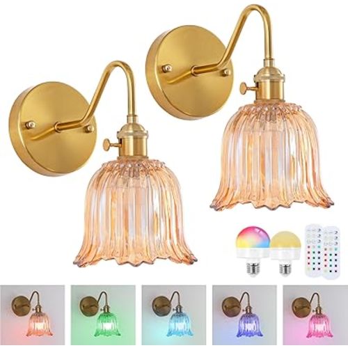 Battery Operated Wall Sconce Set of 2, Rechargeable Battery Powered Amber Wall Lights with 15 Colors, Vintage Glass Wall Lamp with Remote Control for Beside, Bedroom, Living Room