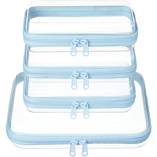 3-PCS Medium Clear Hard Shell Zipper Pouches, Clear Zipper Bags (3M, Pink)