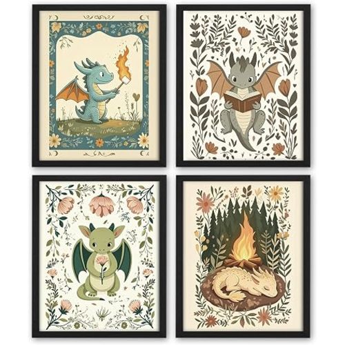 NaZaUK Dragon Nursery Wall Art Set of 4, Fantasy Kids Room Decor, 8x10