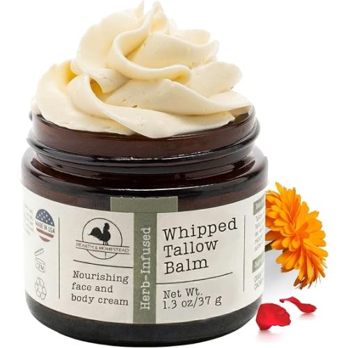 Hearth & Homestead Whipped Beef Tallow for Skin & Face - 100% Grass Fed, Eczema Cream & Body Butter - Organic Olive Oil, Calendula & Rose - Lotion & Hand Moisturizer for Dry Skin, Unscented, 1.3oz