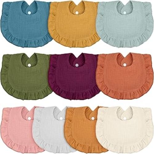 Seematn 10 Pcs Baby Muslin Bibs Drool Bibs Bandana Ruffle Soft Cotton for Newborn Baby Infants Girl Teething Toddlers Boy(Classic Colors)