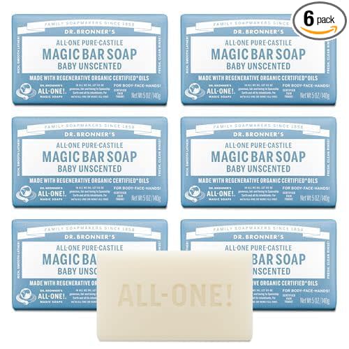 Dr. Bronner's Pure-Castile Magic Bar Soap (Baby Unscented, 5 oz, 6-Pack) - Made with Regenerative Organic Certified Oils, For Face, Body & Hair, Gentle for Sensitive Skin - Vegan, Non-GMO