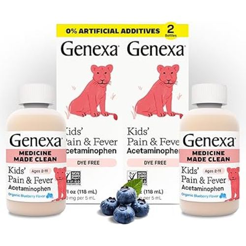 Genexa Children's Clean Acetaminophen | Pediatrician Preferred Ingredients | Pain & Fever Reducer for Kids | Dye Free, 0% Artificial Additives | Ages 2-11, Delicious Organic Blueberry Liquid, 4 fl oz