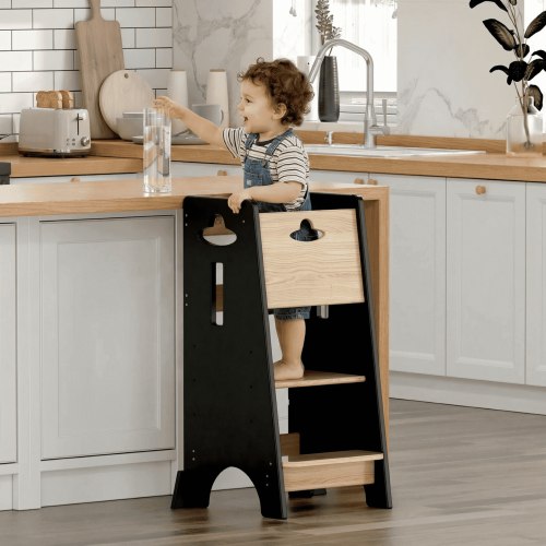 COSYLAND Adjustable Toddler Tower, Wooden Kitchen Step Stool Helper, Standing Tower with 3 Heights, Natural & Black