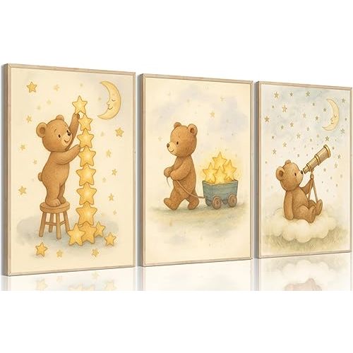 3Pcs Bear Nursery Wall Art Cute Teddy Bear with Stars and Moon Poster Animals Playing with Stars and Telescope Neutral Baby Room Decor Dreamy Prints for Kids and Babies Bedroom 8x10in Unframed