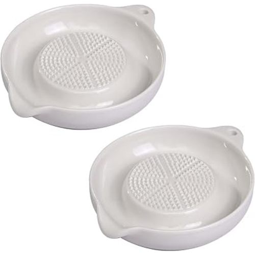2 Pcs DelloidMaz 3.5 Inch White Ceramic Grater Plate for Ginger, Garlic, Onion, Cheese, Lemon, Chocolate, Vegetables and Fruits for Kitchen (2 Pcs, White)