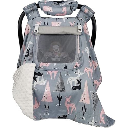 ICOPUCA Car Seat Covers for Babies Unisex Newborn, Carseat Cover Girls/boy with Handle Cushion, Suit Spring Autumn Winter, Deer, Cotton & White Minky;