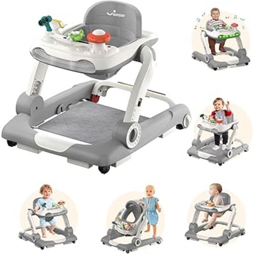 5 in 1 Baby Walker, Activity Baby Walker-Baby Bouncer, Rocker, Activity Center,Seat and Push Walker,Detachable Trampoline Mat, Adjustable Speed Rear Wheels and Height,Ages 6-18 Months