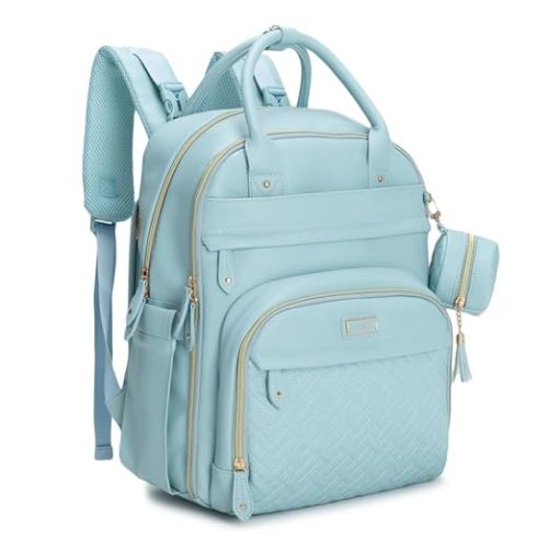 BabbleRoo Leather Diaper Bag Backpack - Baby Essentials Travel Baby Bag, Multi function, Water Resistant, with Changing Pad, Stroller Straps & Pacifier Case – Unisex, Powder Blue