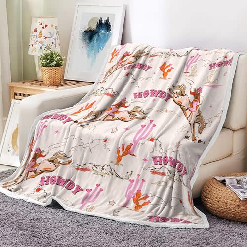 Cowgirl Throw Blanket for Kids, Pink Beige Cute Western Cowgirl Desert Cactus Bed Blankets for Girls Women Cowboy Gifts, Wild West Soft Blanket for Couch Sofa Camping Travel Picnic Outdoor,50X60IN