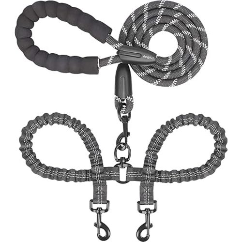 iYoShop Dual Dog Leash - 360° Swivel, No Tangle Walking Leash with Shock Absorbing Bungee for Two Dogs (Large, 25-150 lbs, Black)