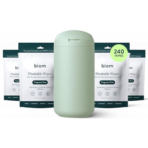 Biom Flushable Wipes Starter Kit - 4pk (240 Total) Fragrance Free Wipes + Refillable BPA-Free Dispenser- Biodegradable, Plant-Based, Non-Toxic Wet Wipes for Adults & Baby - Perfect For Home & Travel