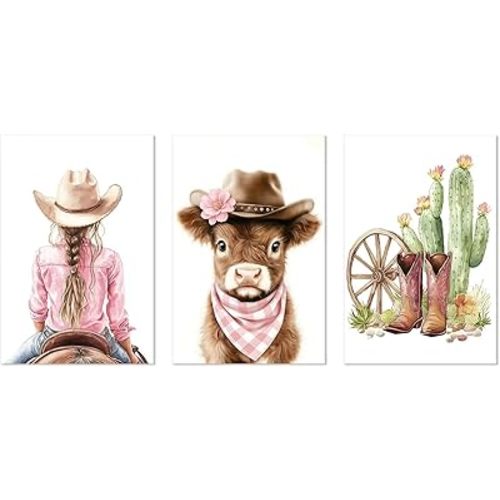 Western Cowgirl Nursery Wall Art Set of 3 Cowgirl Horse Canvas Prints Cactus Highland Cow Picture Western Animal Artwork for Baby Girls Bedroom Toddler Room Decor Framed(12"x16"x3)