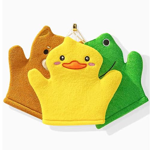 BubbleGlove, Baby Bath Mitt Wash Gloves Hand Puppet for Kids & Toddler, Bath Sponge & Baby Washcloth Mitt for Kids & Adults, Body Scrubber for Mommy & Me (Cute Duck,Frog & Bear)