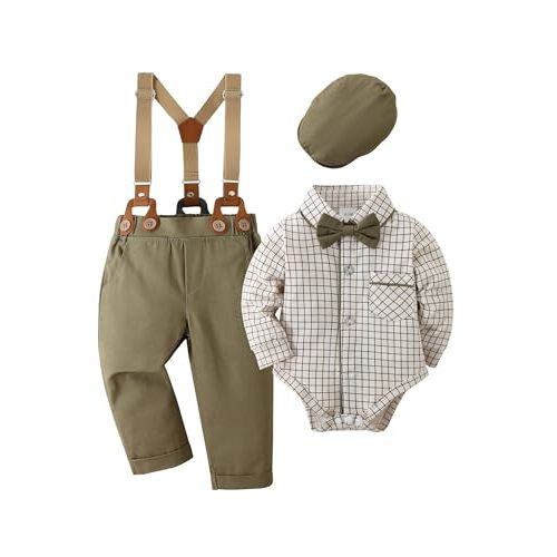 nilikastta Baby Boy Wedding Outfits Infant Baby Boy Clothes Suit Dress Shirts/Suspender Pants/Bowtie/Beret Hat 0-18M