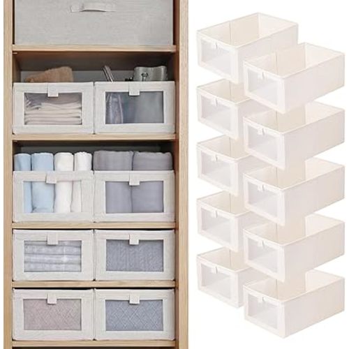 Linen Closet Organizers And Storage, 10 Pack Closet Storage Bins Linen Closet Baskets for Closet Organization Foldable Closet Organizer Bins with Clear Window For Organizing Clothing, Shelves, Jeans