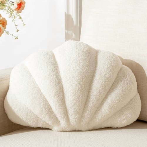 Seashell Throw Pillows Shell Shaped Pillow White Sea Shell Pillows for Bed Seashell Decorative Pillow Soft Plush Pillow Sea Couch Decoration(13 X 10 inch)