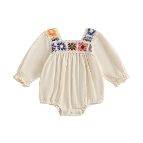 Baby Girl Romper Fall Clothes Ruffle Sleeveless Onesie Crochet Floral Bubble Romper Infant Bodysuit Boho Outfit