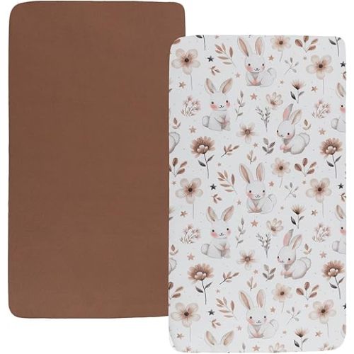 Pack n Play Sheet Stretchy Fitted Portable Mini Crib Sheets Set 2 Pack,Playard Sheets Convertible Playard Mattress Cover,Ultra Soft Jersey Material, Brown & Rabbit