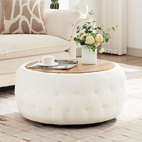 Large Round Storage Ottoman Coffee Table with Wooden Tabletop, 30.5 Inches Teddy Fleece Tufted Ottoman for Living Room, Bedroom, Apartments, White